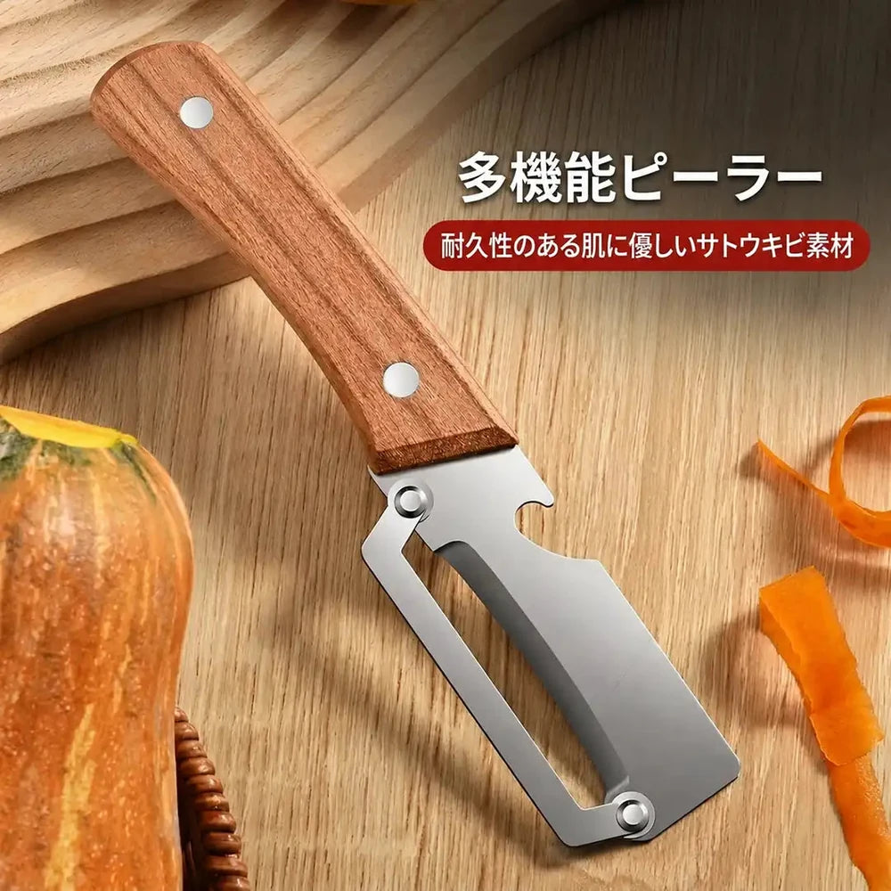 💖 木製ハンドル付き 2WAYステンレス製野菜ピーラー＆栓抜き