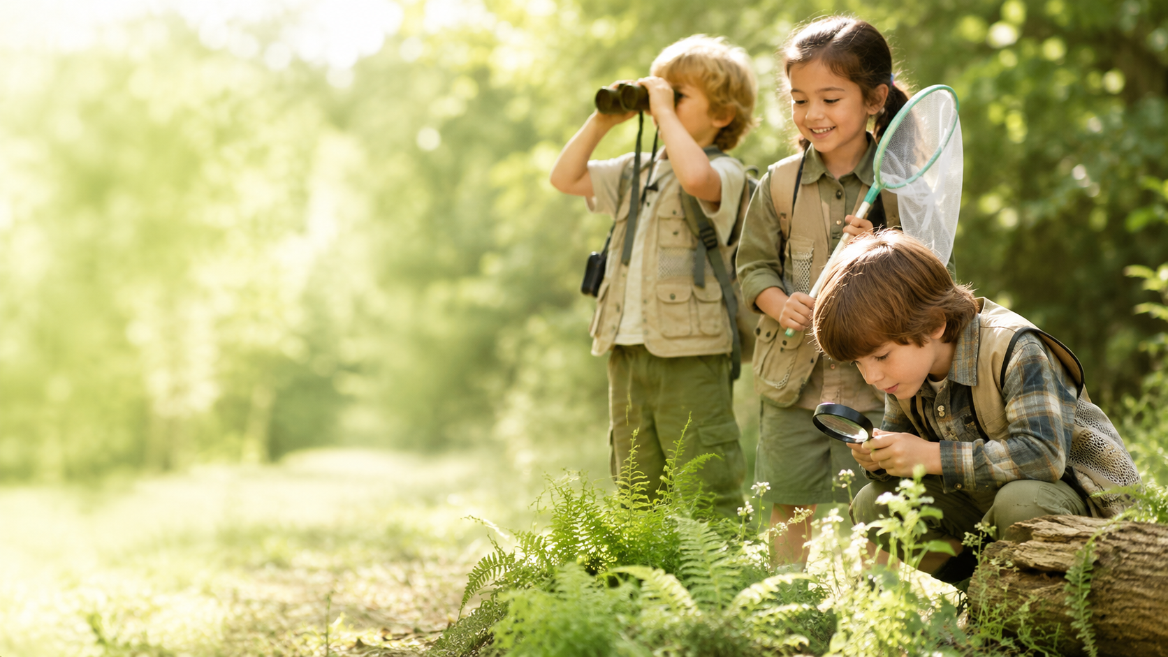 Kids exploring nature outdoors with discovery gear